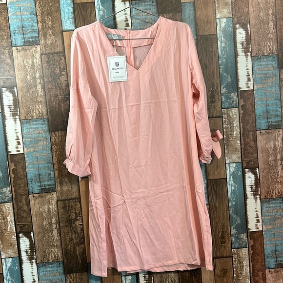 Large pink tie sleeve knee length zip back dress - Picture 1 of 14